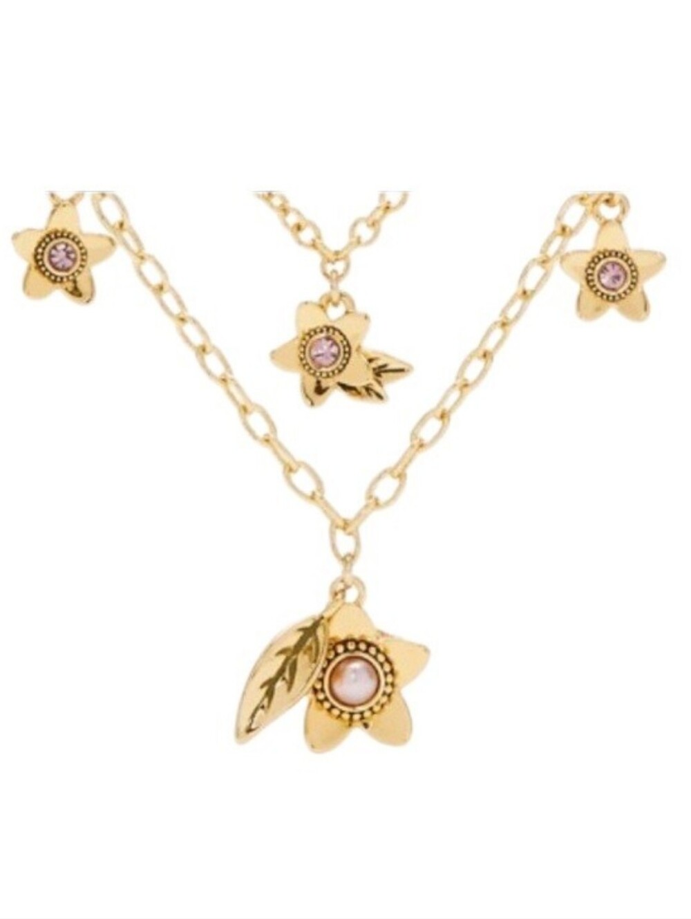 NWT Coach Gold Tone Wildflower Layered Necklace Pink Pearl Gem Adjustable